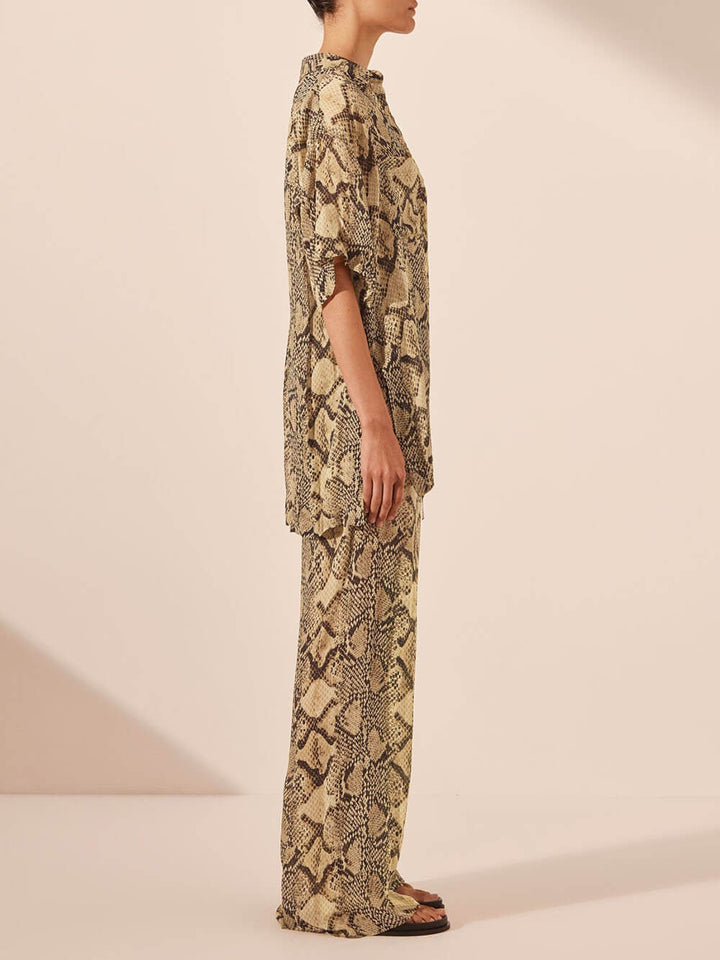 Modern Feel Satin Unique Snake Print Elastic Waist Drawstring Pocket Wide Leg Pants