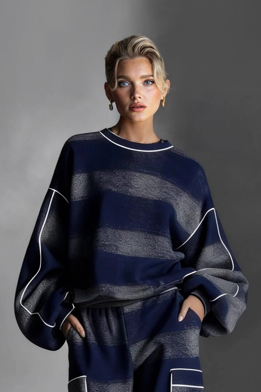 Fashion Street-Style Blue And Gray Plaid Color-Block Loose Top and Wide-Leg Pants Set