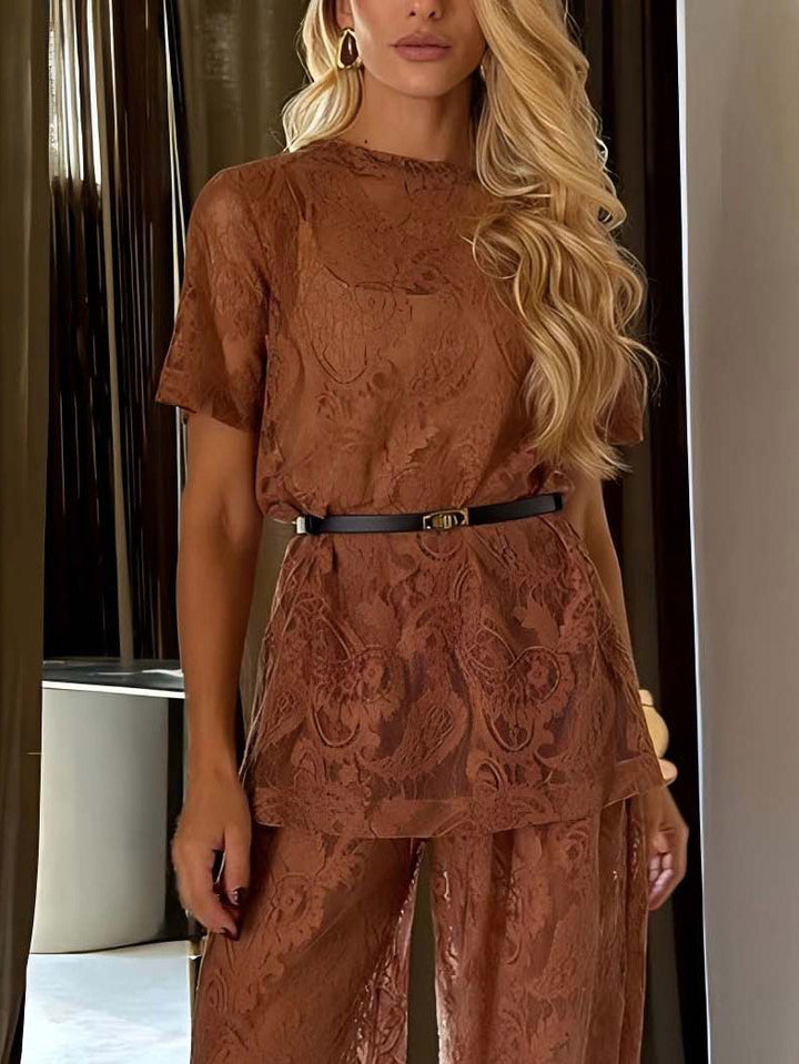 Elegant Sheer Lace Short Sleeve Top And Wide-Leg Pants Set