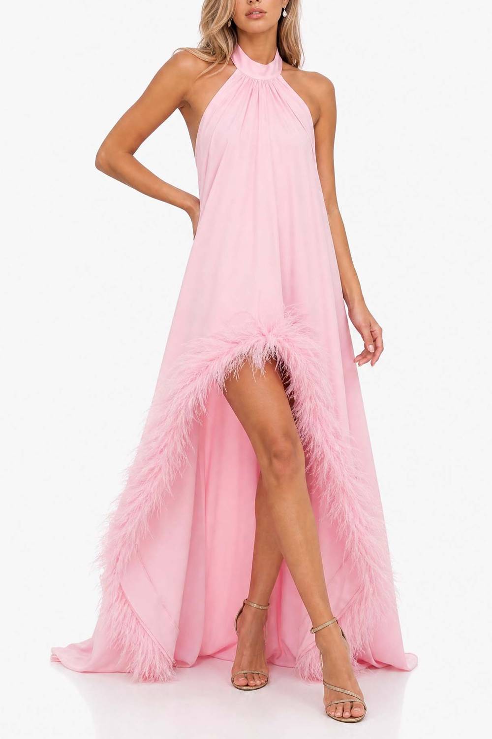 Halter-neck Feather-trimmed High-slit Long Evening Gown