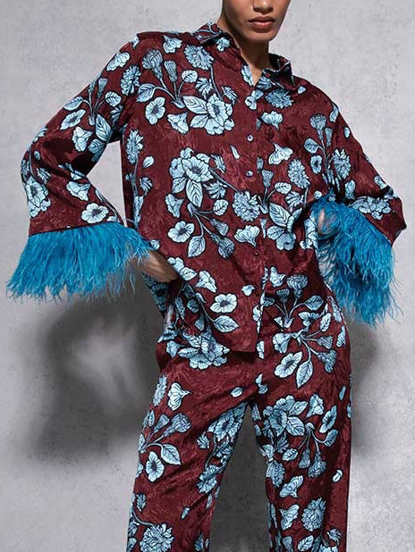 Retro Floral Print Satin Feather Sleeve Shirt