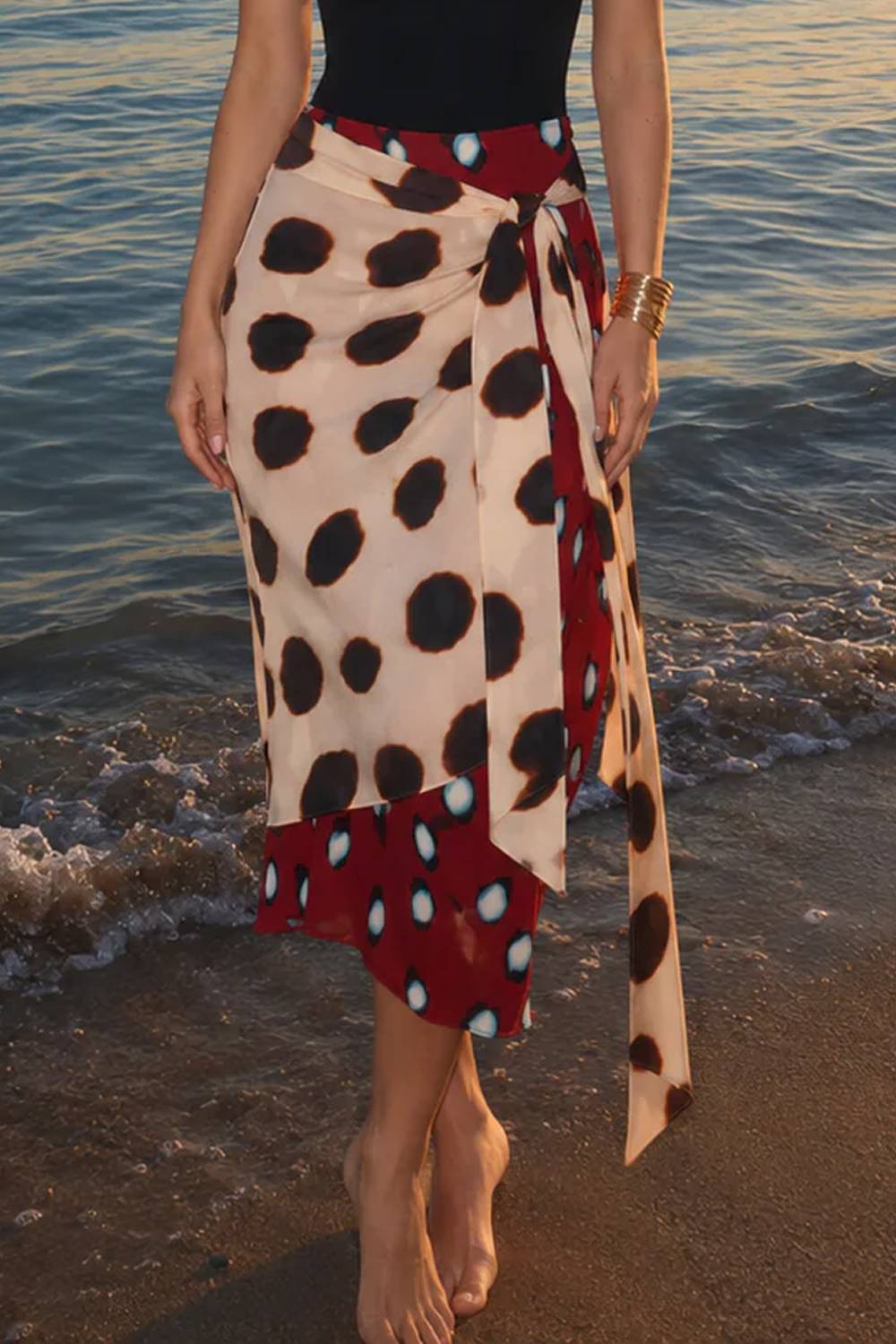 Color‑Block Polka Dot Wrap Tie Waist Midi Skirt
