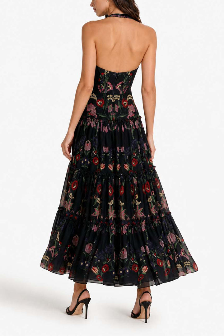 Elegant Open-back Printed Chiffon Flowing Maxi Dress