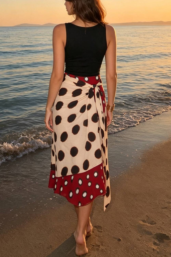 Sleeveless Fitted Tank Top & Color‑Block Polka Dot Wrap Tie Midi Skirt Two‑Piece Set