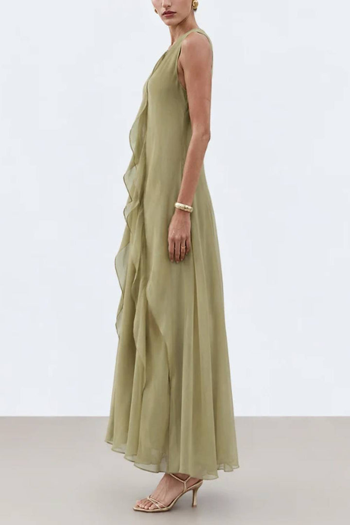 Round Neck Sleeveless Diagonal Ruffle Flowy A‑Line Maxi Dress