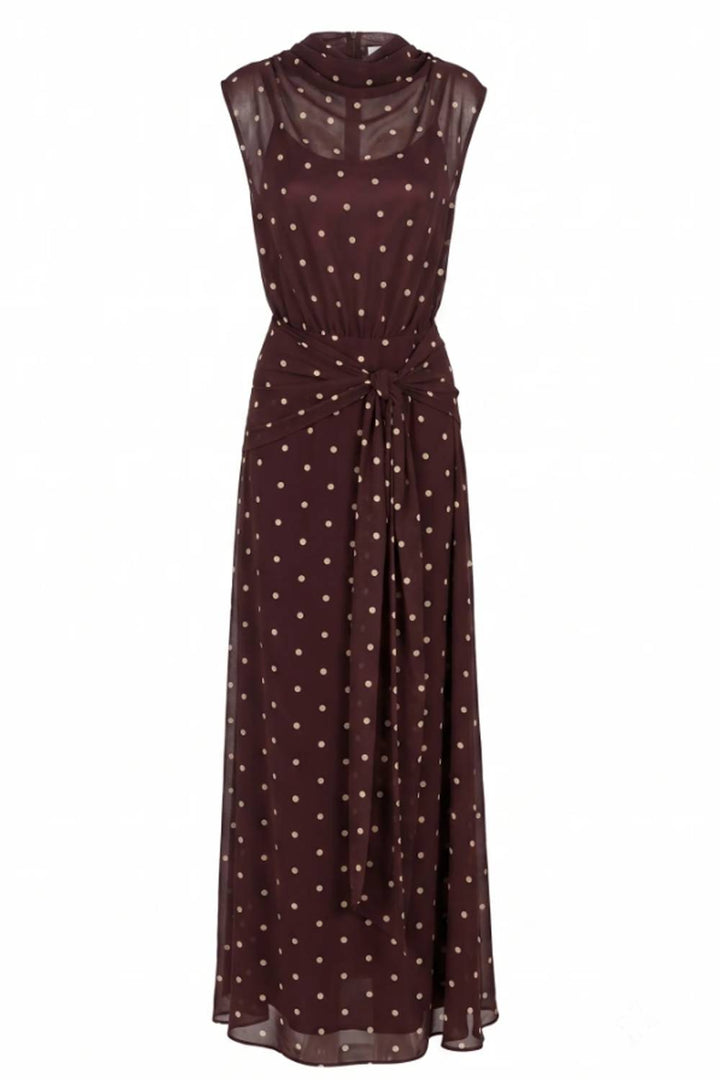 Swing Collar Sleeveless Polar Dot Tight Waist Long Dress