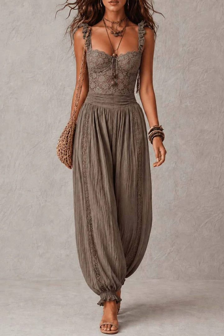 Boho Lace Ruffle Strap Drawstring Waist Harem Jumpsuit