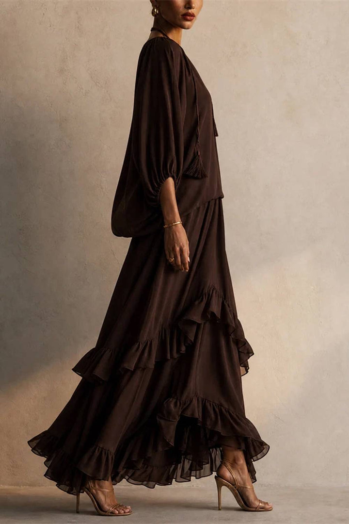 Boho Tassel Tie Blouse & Tiered Ruffle Maxi Skirt Two‑Piece Set