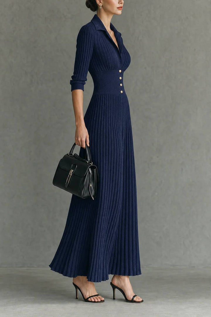 Lapel V-neck Buckle-detail Rib-knit Midi Dress