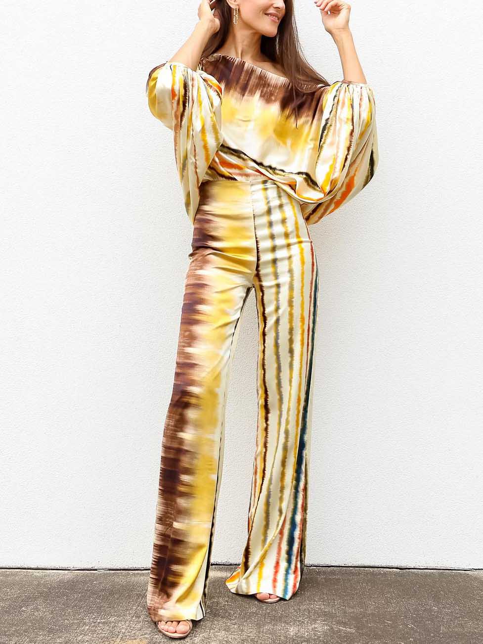 Exquisite Satin Gradient Irregular Stripe Print Shirt