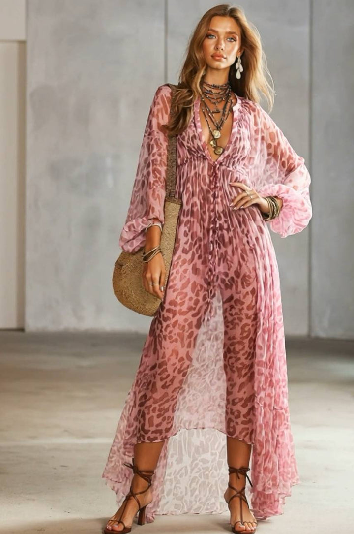 Leopard-Printed Puff-Sleeve Maxi Dress