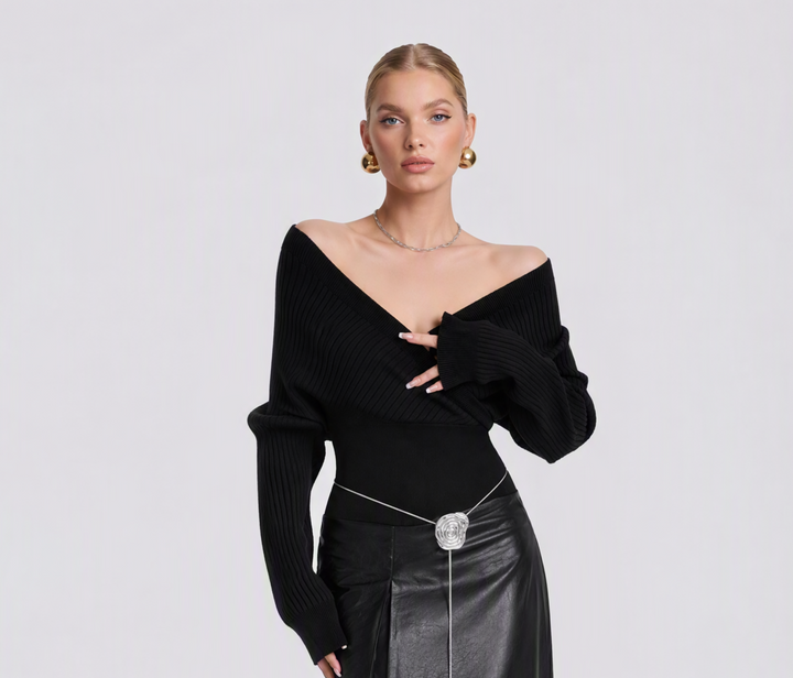 LikeMyChoice Women Off Shoulder Wrap V‑Neck Knit Sweater