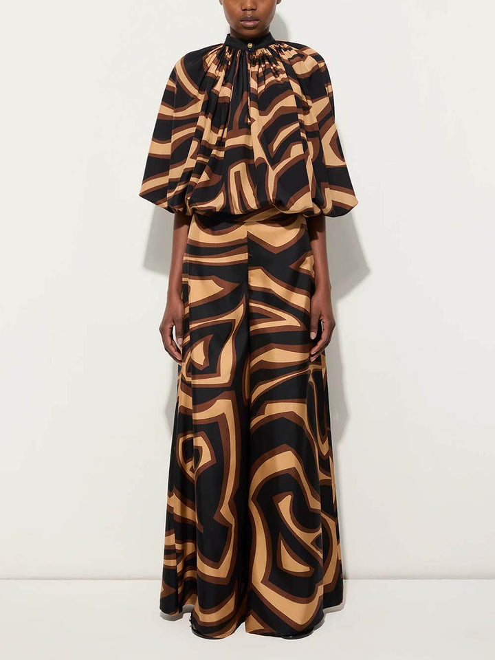 Unique Swirl Print Satin Twill High-Waist Wide-Leg Pants