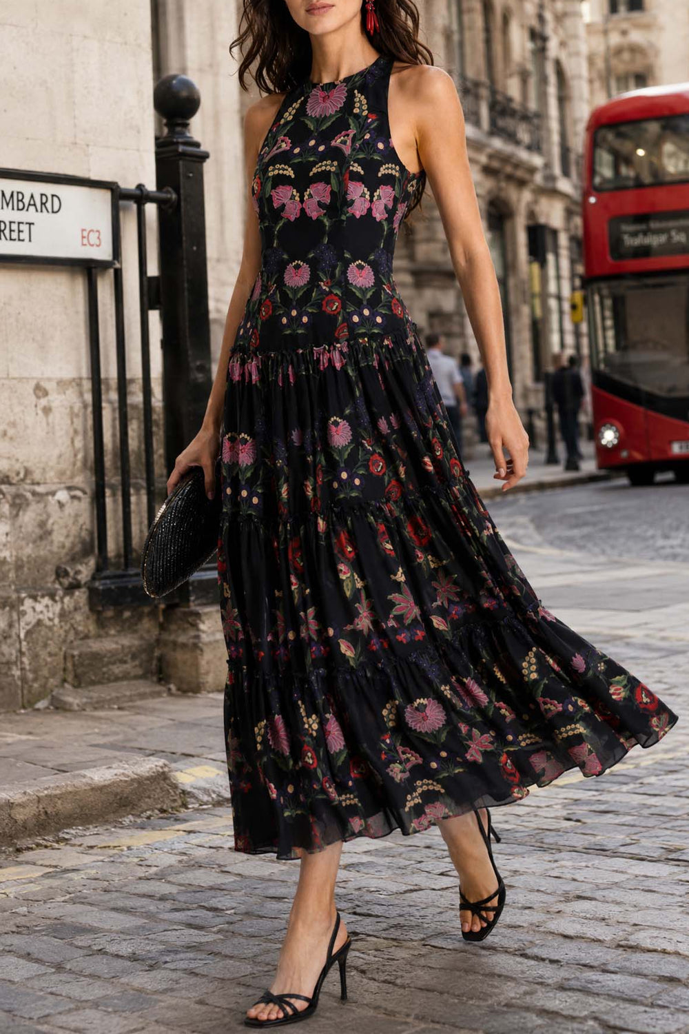 Elegant Open-back Printed Chiffon Flowing Maxi Dress