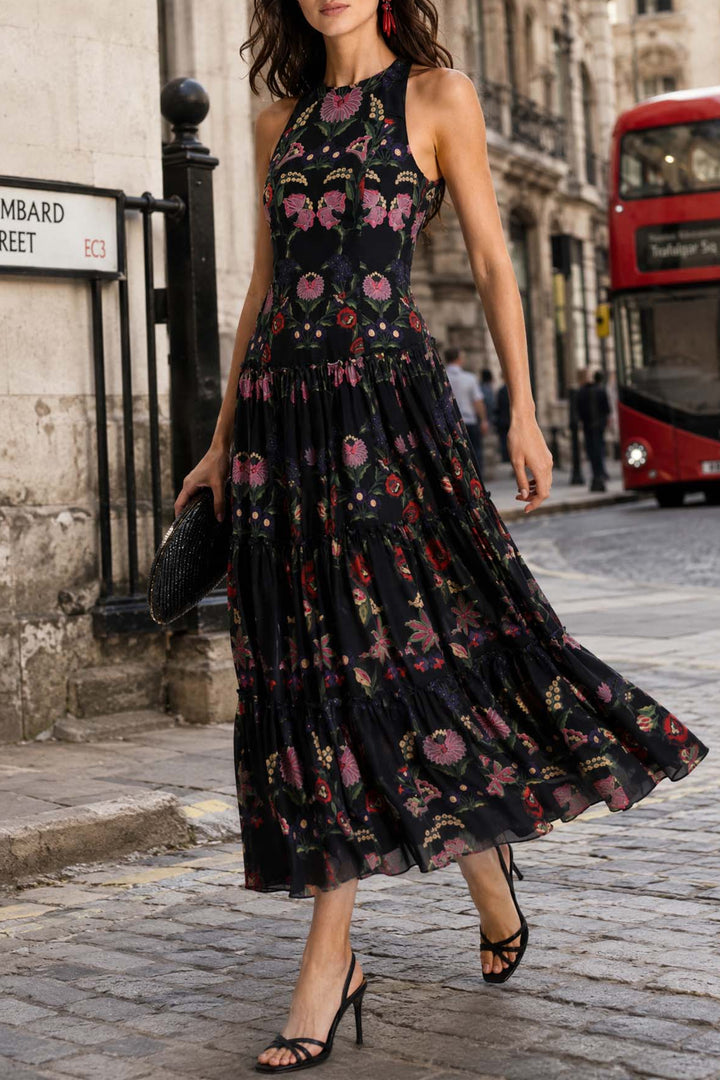Elegant Open-back Printed Chiffon Flowing Maxi Dress