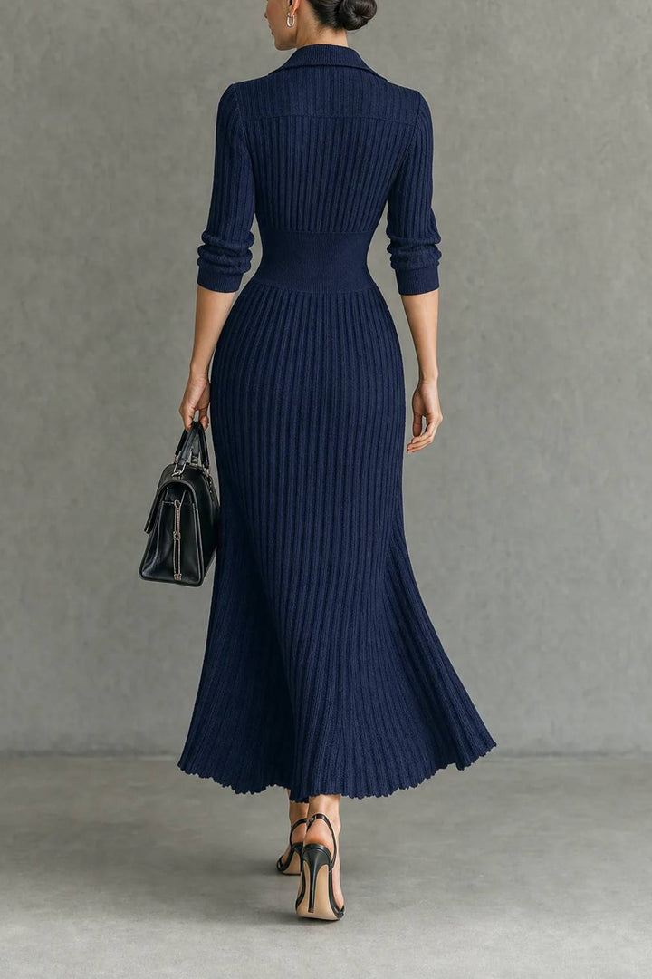 Lapel V-neck Buckle-detail Rib-knit Midi Dress