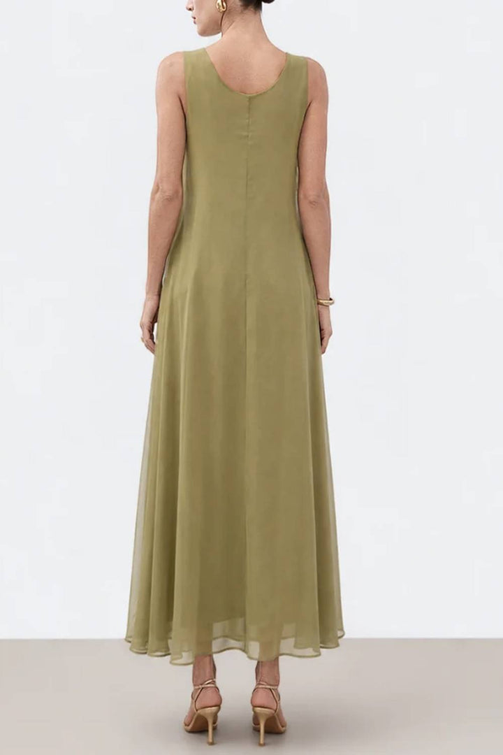 Round Neck Sleeveless Diagonal Ruffle Flowy A‑Line Maxi Dress