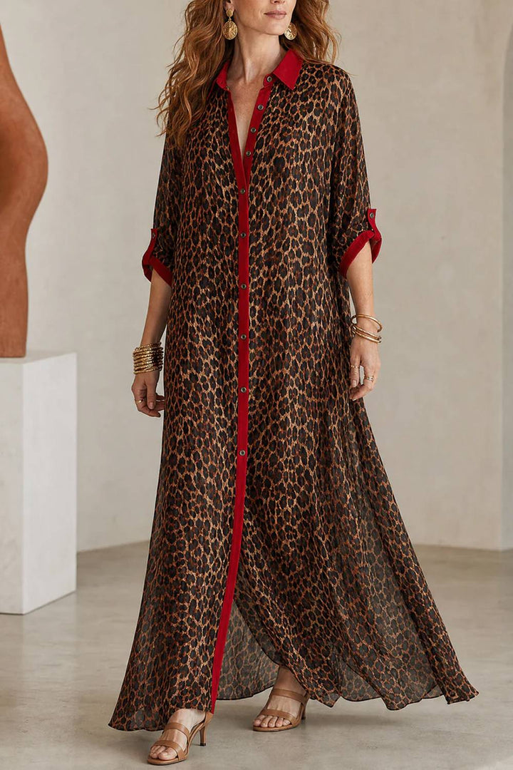 Vintage Leopard Print Contrast Shirt Long Dress