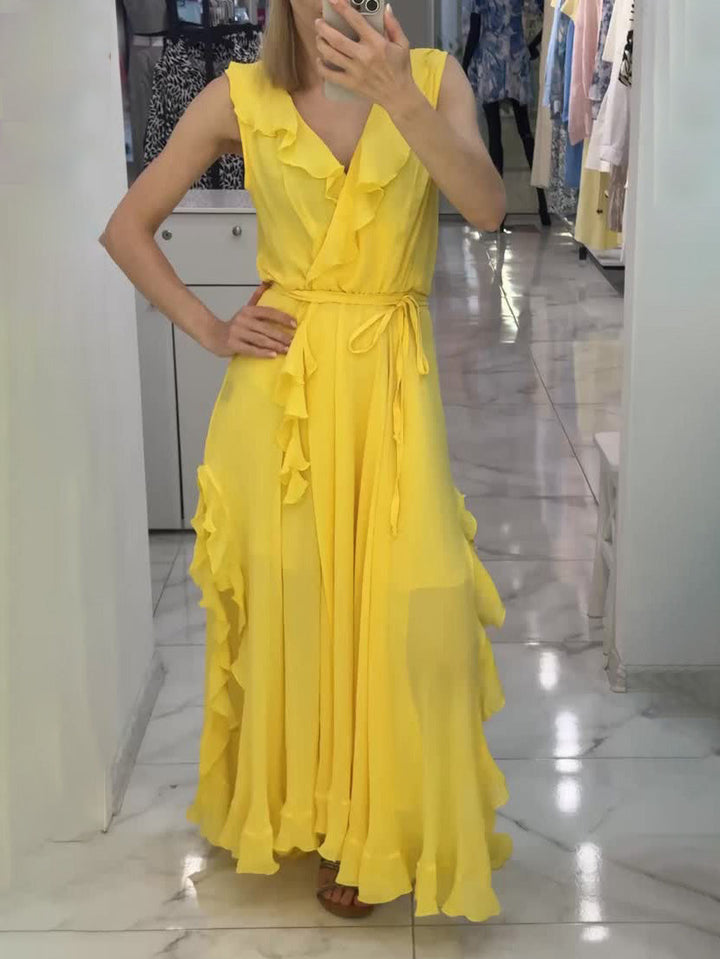 Elegant Ruffled V-Neck High-Slit Maxi Dress