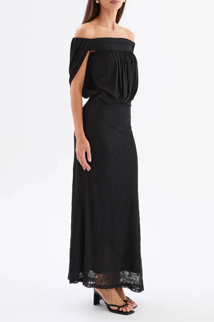 Off‑Shoulder Cape‑Sleeve Draped Mixed Lace Slit Maxi Evening Dress