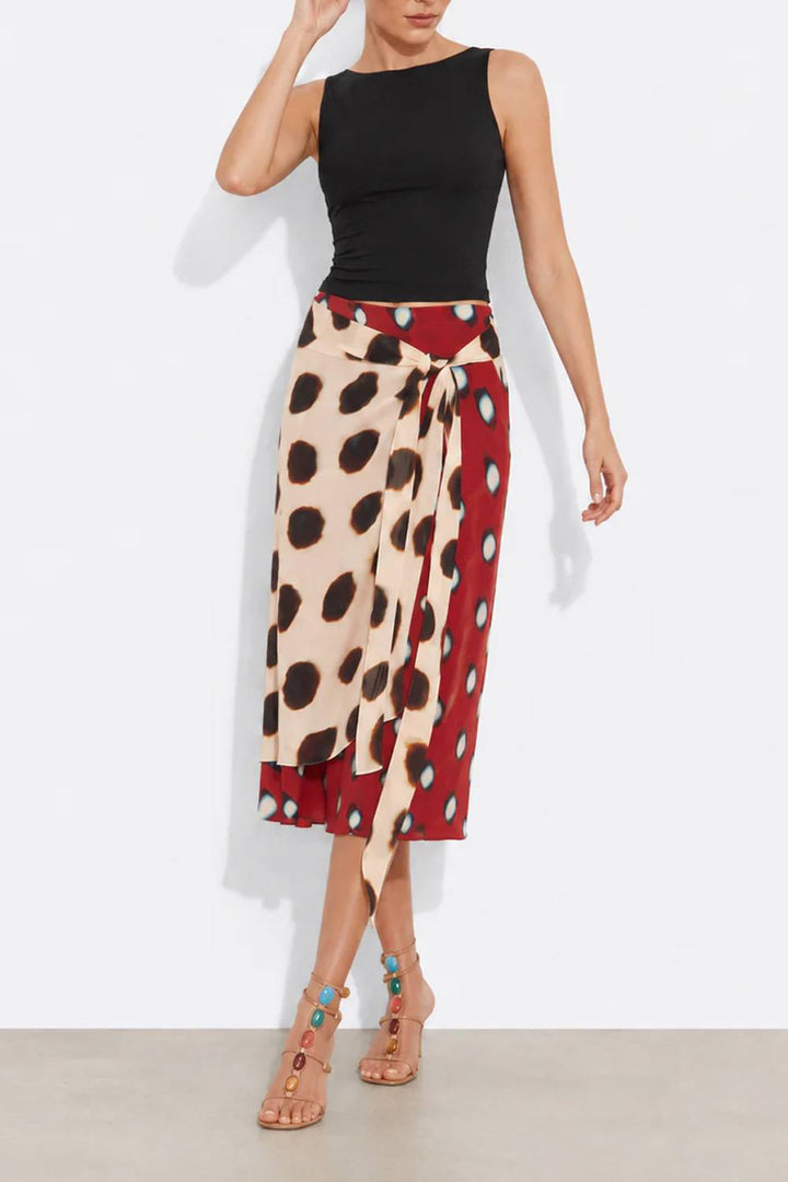 Sleeveless Fitted Tank Top & Color‑Block Polka Dot Wrap Tie Midi Skirt Two‑Piece Set