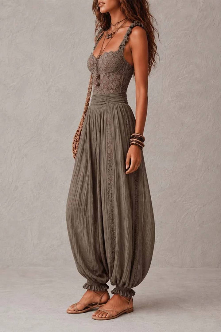 Boho Lace Ruffle Strap Drawstring Waist Harem Jumpsuit