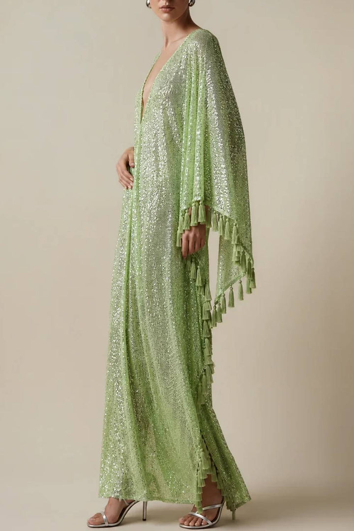 Deep‑V Flare Sleeve Tassel‑Trim Sequin High‑Slit Floor‑Length Evening Gown