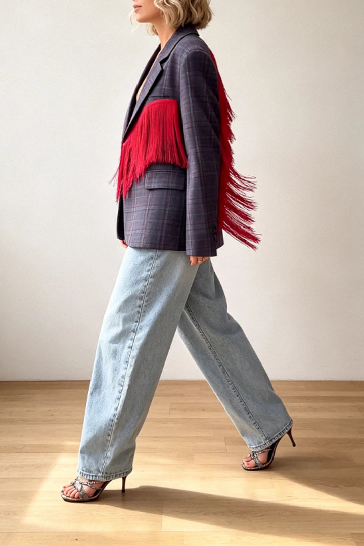 Check Blazer Tassel Angel Wings Trim