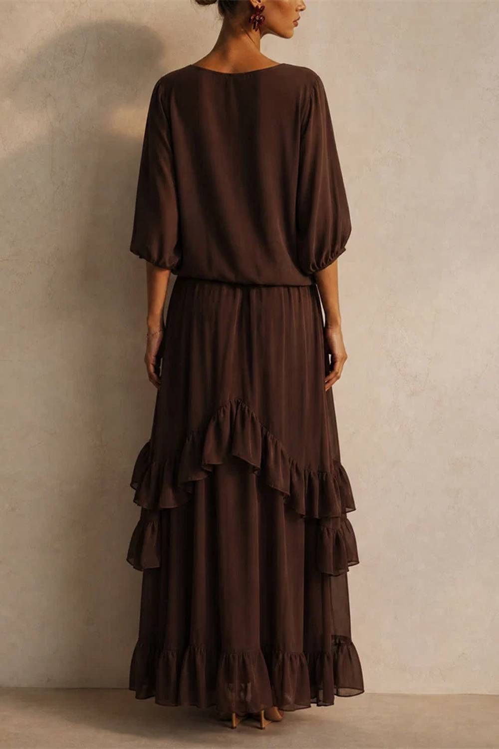 Boho Tassel Tie Blouse & Tiered Ruffle Maxi Skirt Two‑Piece Set