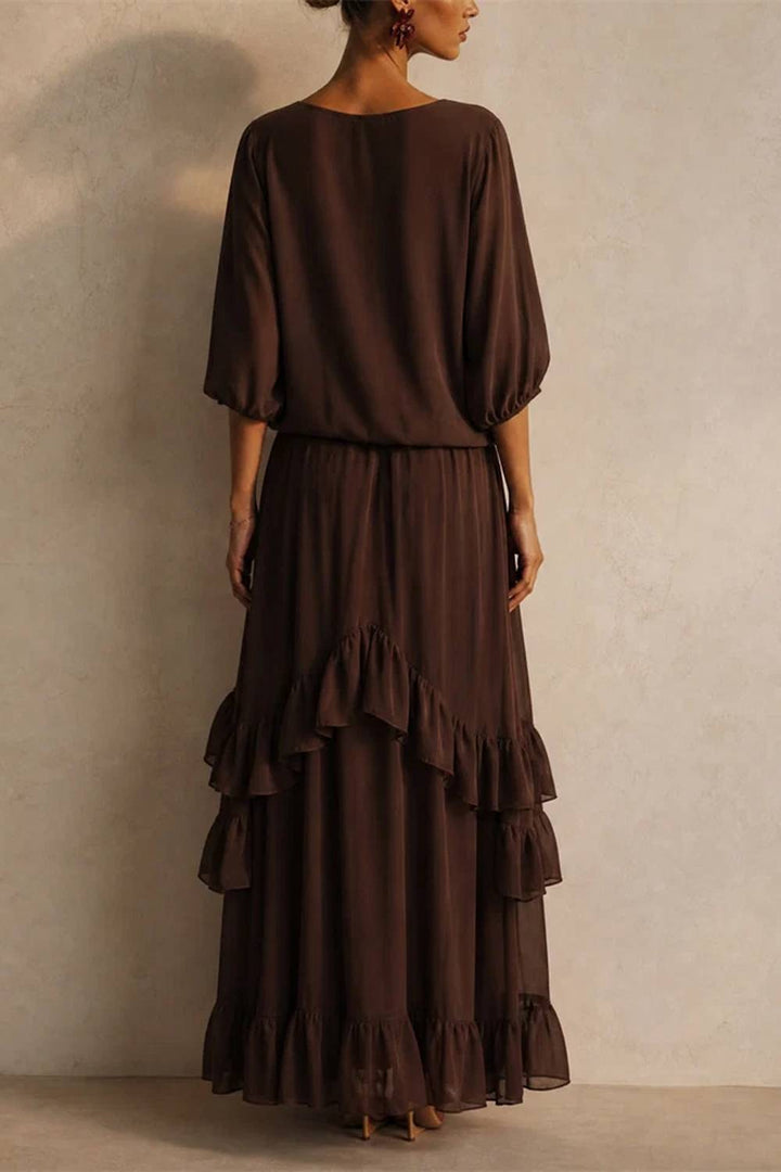 Boho Tassel Tie Blouse & Tiered Ruffle Maxi Skirt Two‑Piece Set
