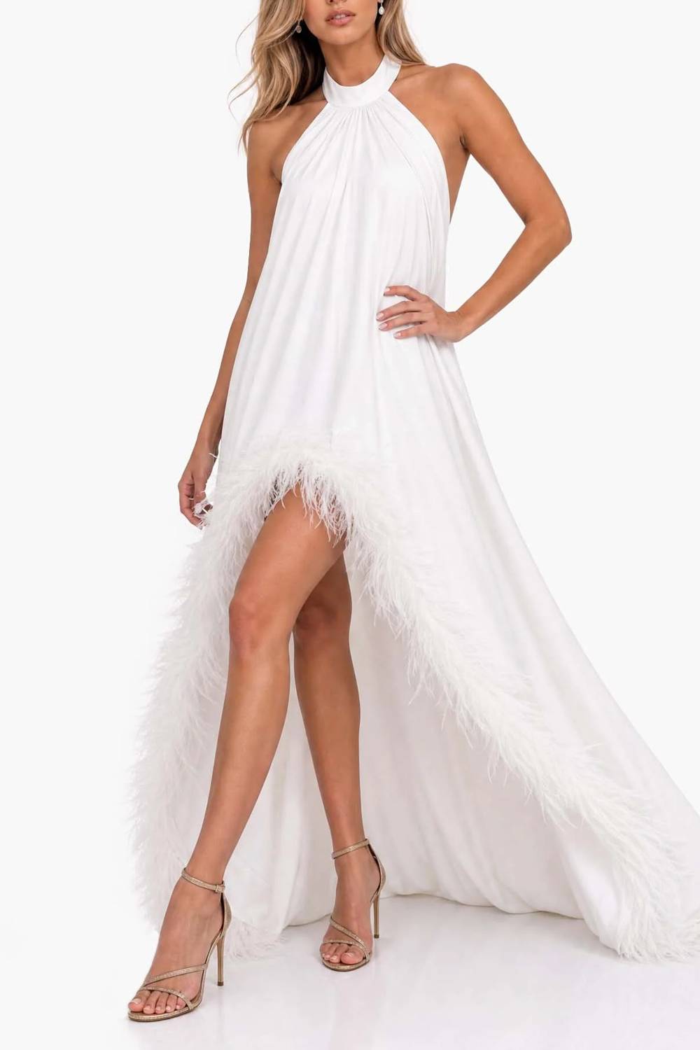 Halter-neck Feather-trimmed High-slit Long Evening Gown