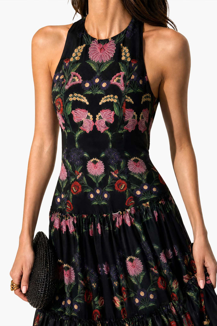 Elegant Open-back Printed Chiffon Flowing Maxi Dress