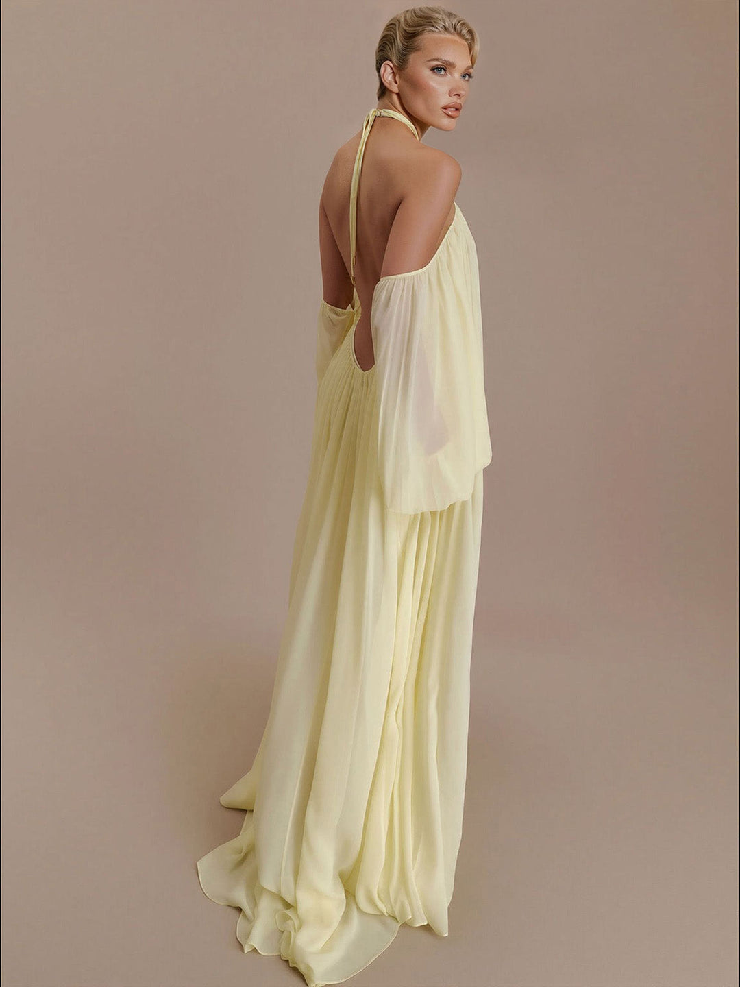Elegant Halter Neck Draped Chiffon Maxi Dress