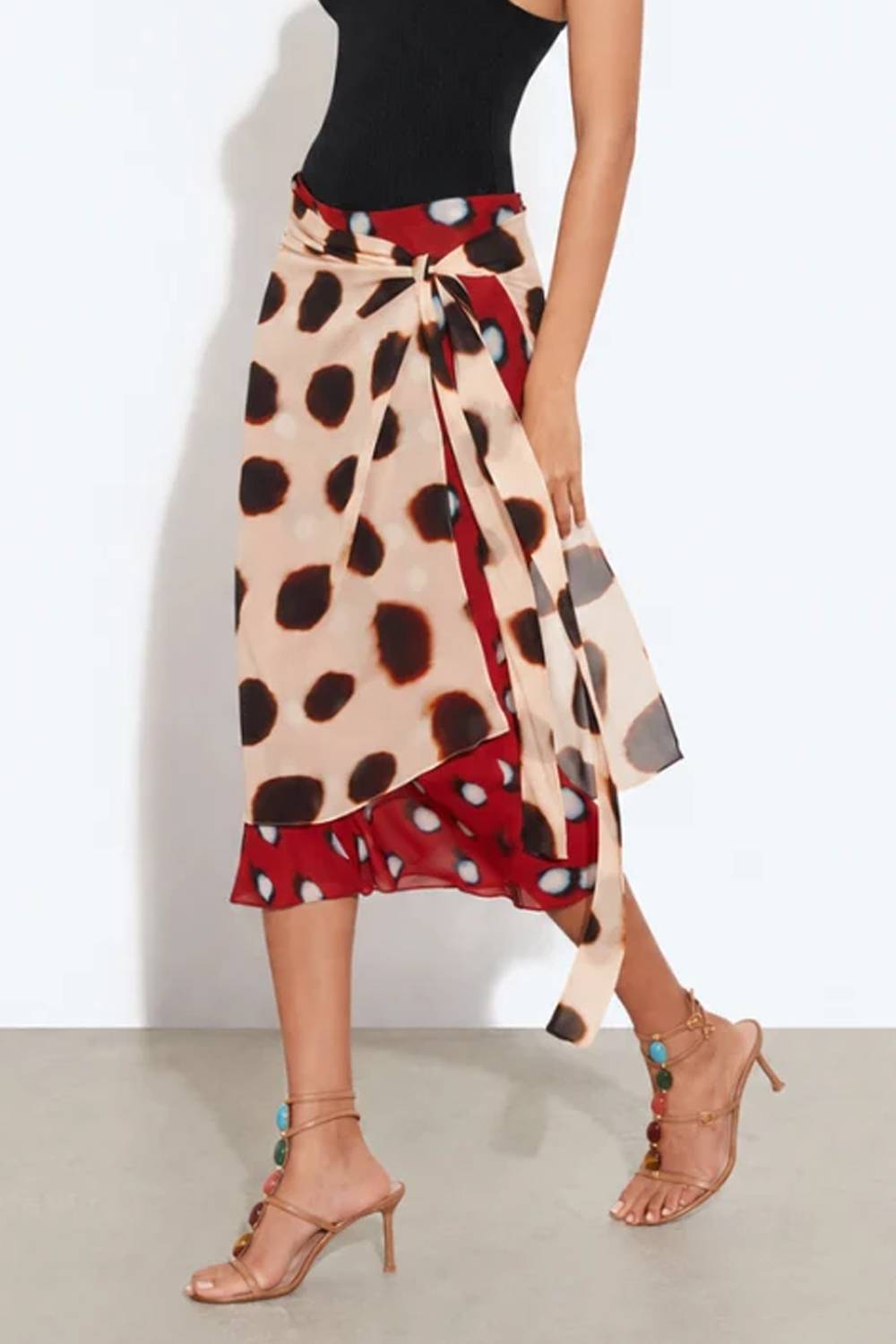 Color‑Block Polka Dot Wrap Tie Waist Midi Skirt