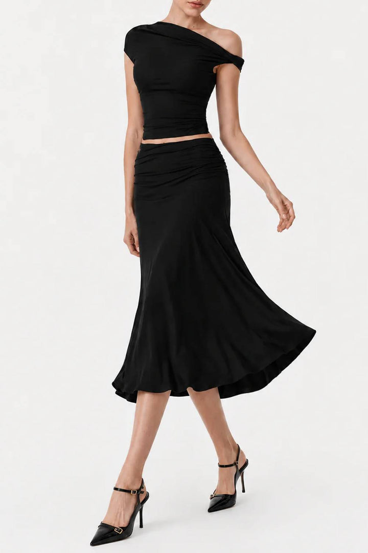 Asymmetrical Twist‑Shoulder Ruched Crop Top & High‑Waist Mermaid Midi Skirt Two‑Piece Set