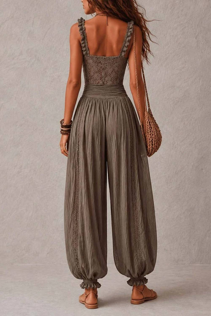 Boho Lace Ruffle Strap Drawstring Waist Harem Jumpsuit
