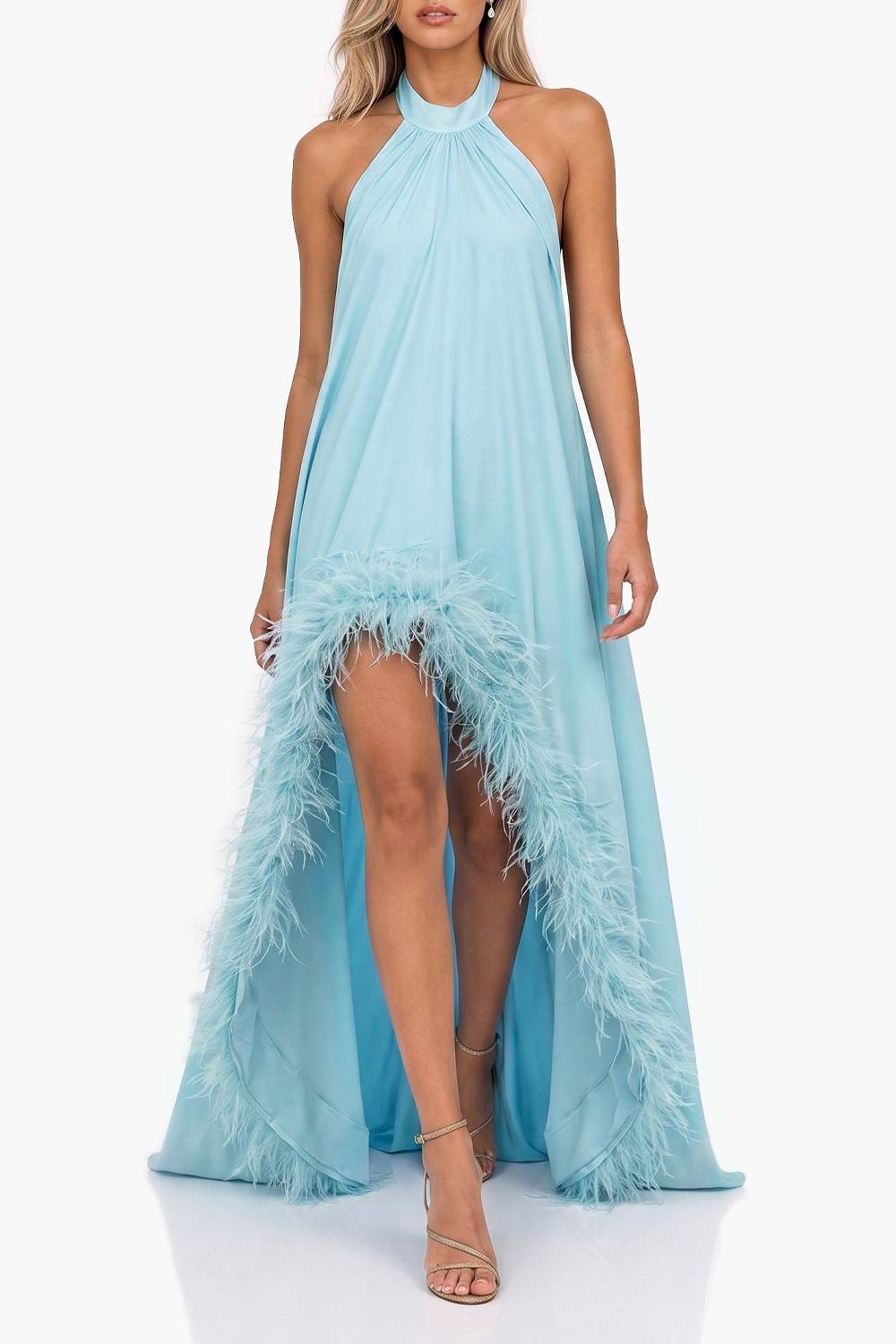 Halter-neck Feather-trimmed High-slit Long Evening Gown
