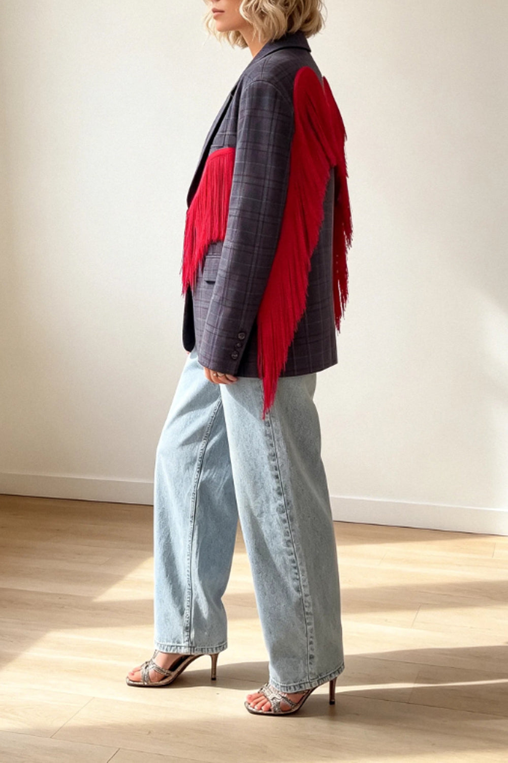 Check Blazer Tassel Angel Wings Trim