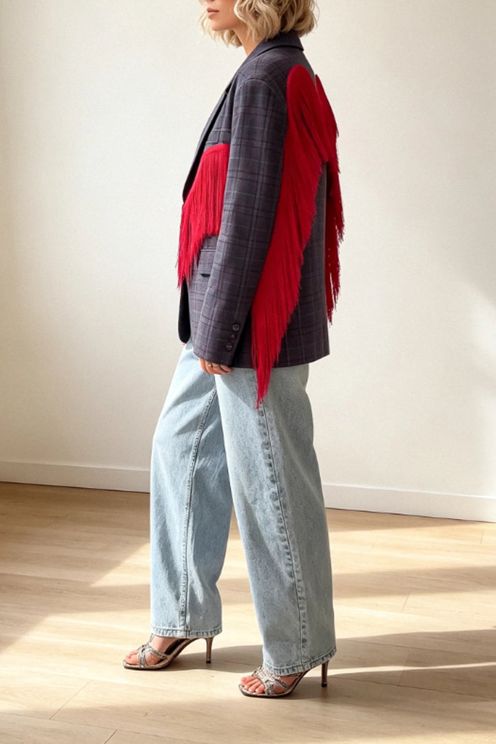 Check Blazer Tassel Angel Wings Trim