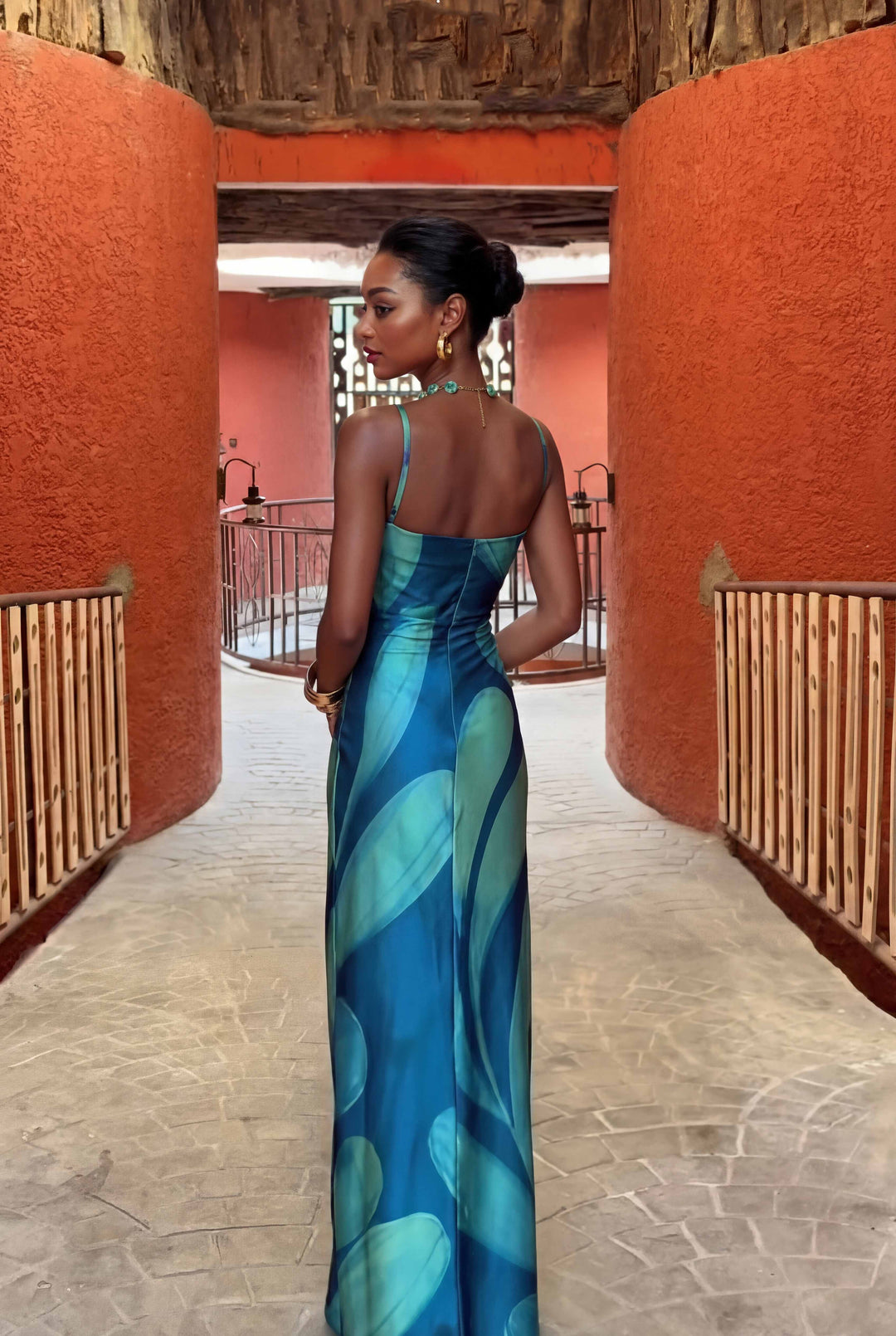 Printed Lace-Up Design Maxi Dress