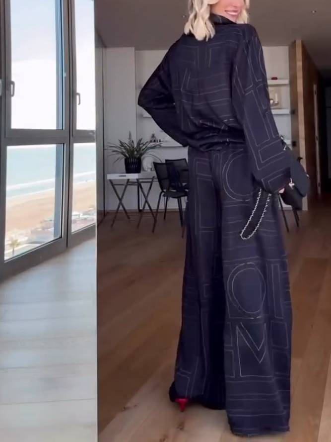Geometric Letter Print Shirt Wide Leg Suit-Pants