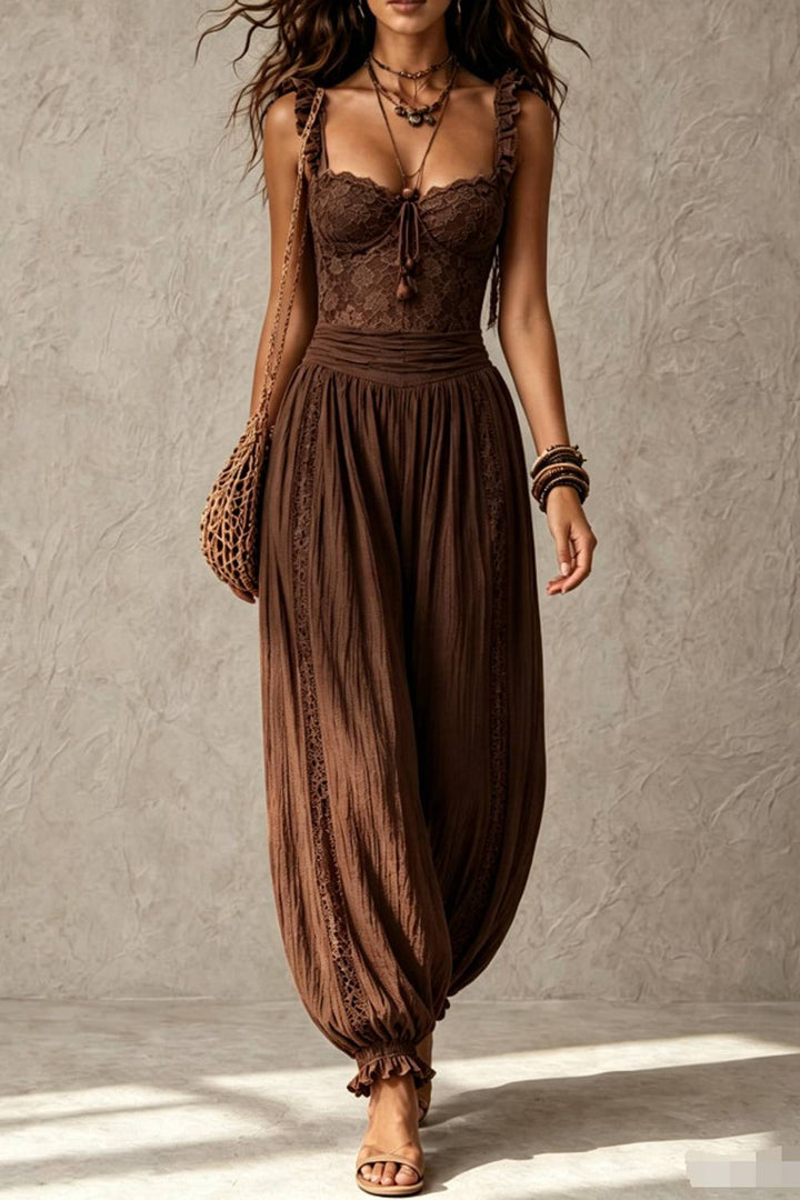 Boho Lace Ruffle Strap Drawstring Waist Harem Jumpsuit