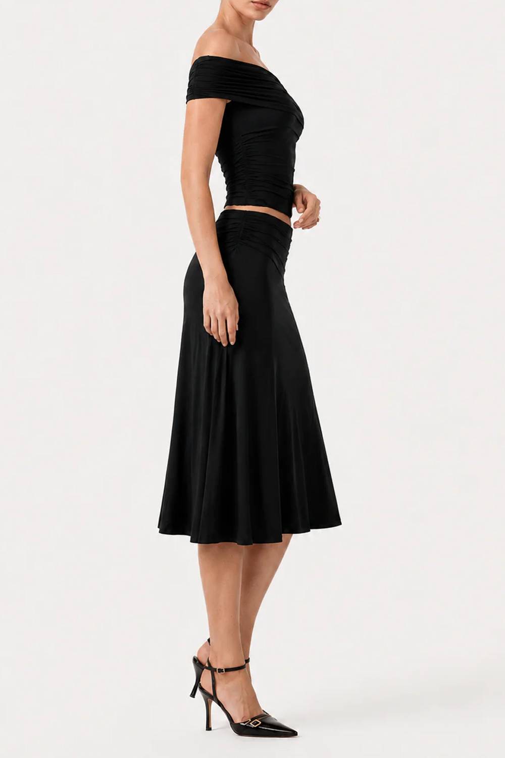 Asymmetrical Twist‑Shoulder Ruched Crop Top & High‑Waist Mermaid Midi Skirt Two‑Piece Set