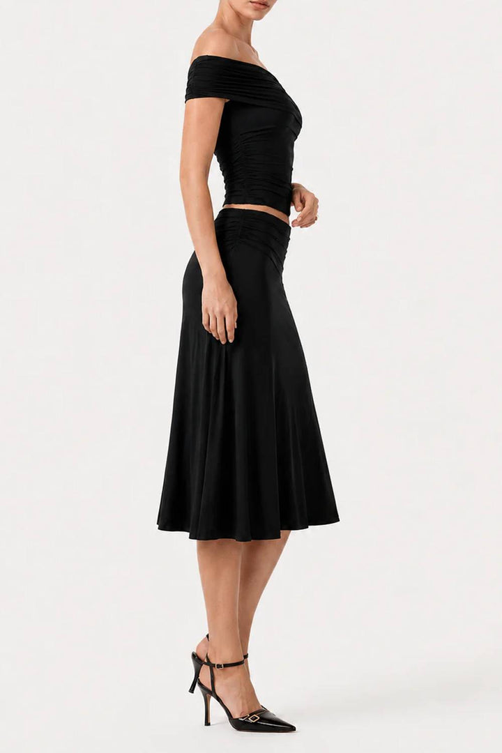Asymmetrical Twist‑Shoulder Ruched Crop Top & High‑Waist Mermaid Midi Skirt Two‑Piece Set