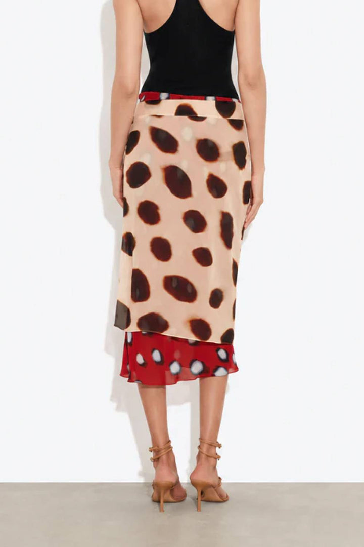 Color‑Block Polka Dot Wrap Tie Waist Midi Skirt