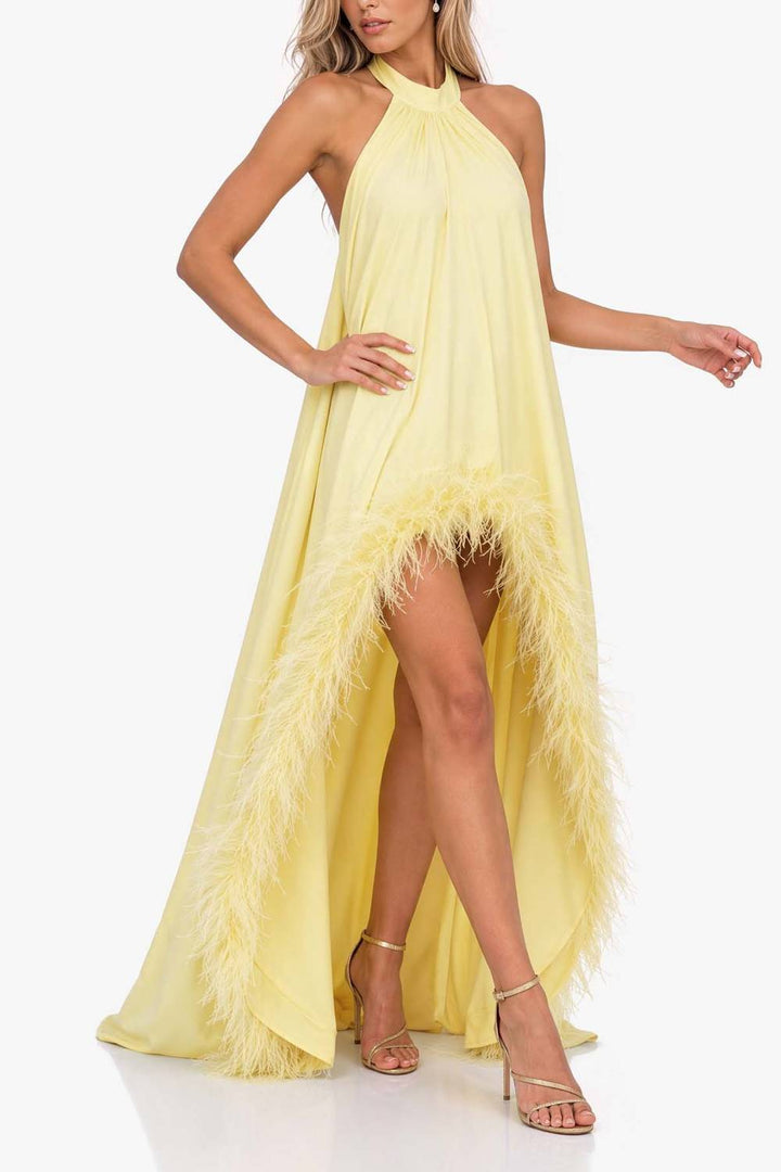 Halter-neck Feather-trimmed High-slit Long Evening Gown