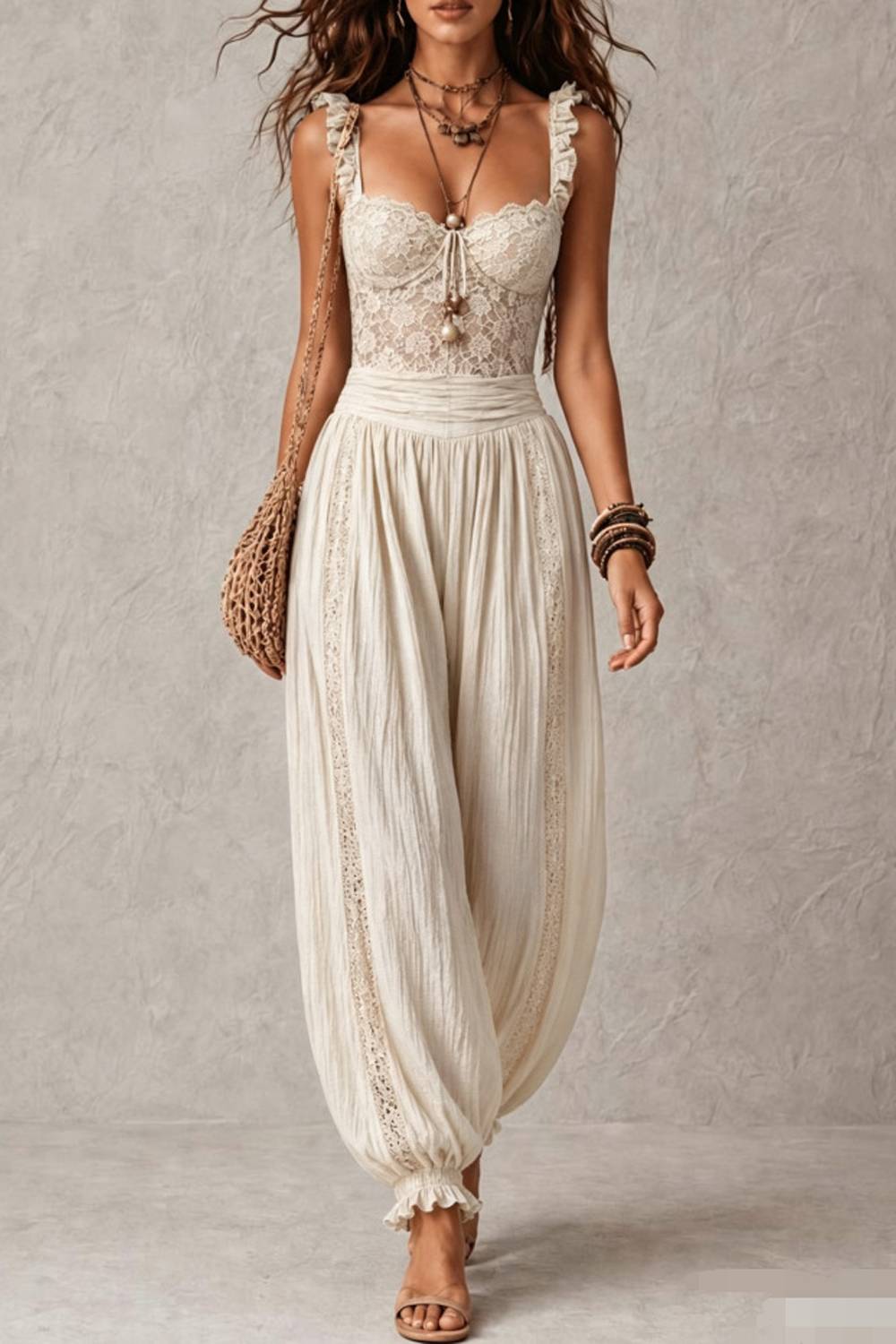 Boho Lace Ruffle Strap Drawstring Waist Harem Jumpsuit
