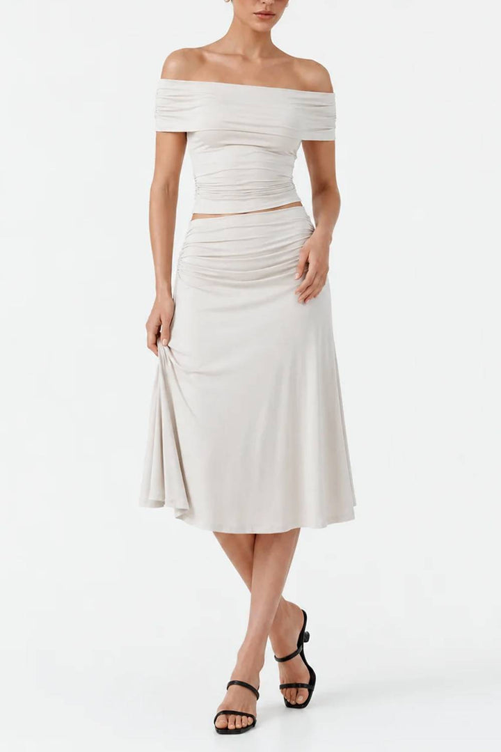 Asymmetrical Twist‑Shoulder Ruched Crop Top & High‑Waist Mermaid Midi Skirt Two‑Piece Set