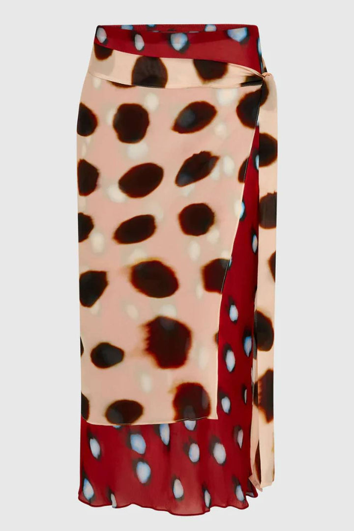 Color‑Block Polka Dot Wrap Tie Waist Midi Skirt