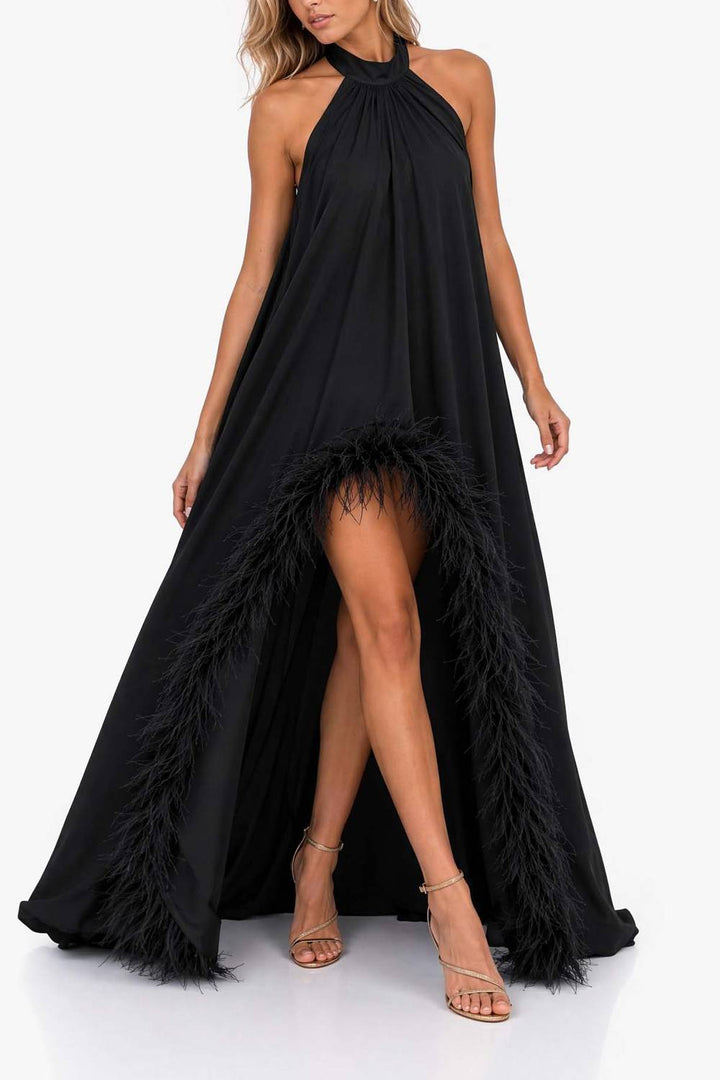 Halter-neck Feather-trimmed High-slit Long Evening Gown